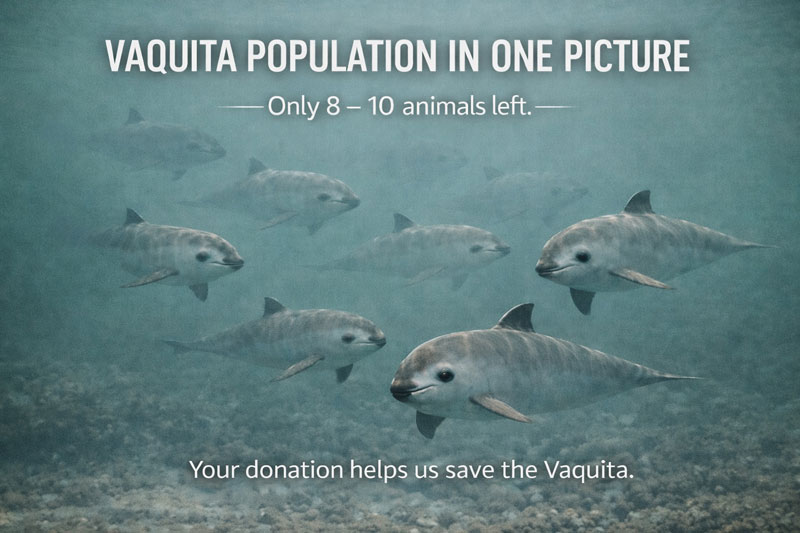 vaquita population in one picture underwater 8-10 animals left worldwide gulf of california mexico critically endangerd donation